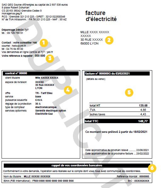 Facture électricité Yéli explication recto